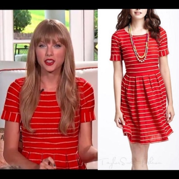 Anthropologie Red Scalloped Stripe Dress - Picture 1 of 6